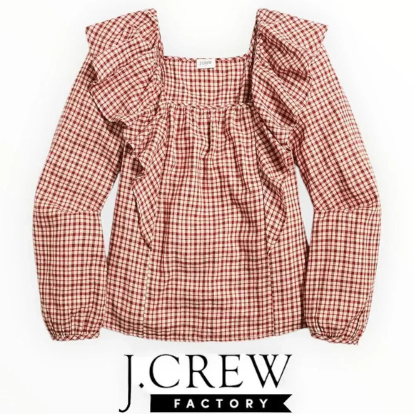 J. Crew Factory Tops - J CREW FACTORY | Dusty Ivory Brick Red | FLANNEL SQUARENECK RUFFLE TOP